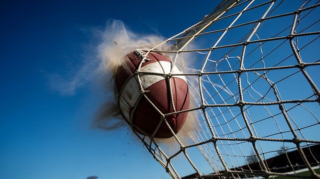 Football hitting goal net, scoring a touchdown sports american football