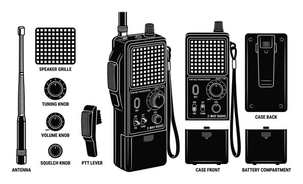 Black and white radio transceiver parts on transparent background