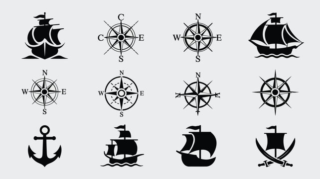Nautical icons ship compass anchor map.