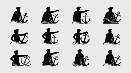 Silhouette icons of explorers standing with ship anchors and ropes on a light background. © Sonkear