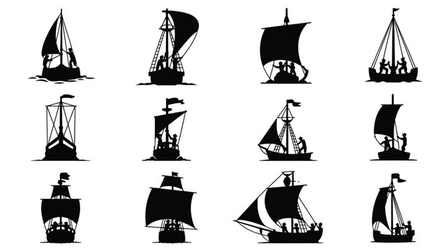 Antique naval vessel silhouette set with various mast configurations and working crewmen.