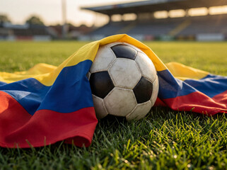 Fototapeta premium Soccer ball draped with colorful flag on green grass at empty stadium during golden hour representing passion and pride in sports culture of Colombia and vibrant atmosphere of football events