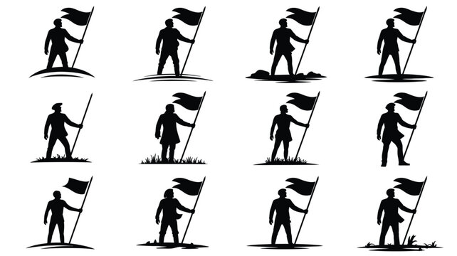 Sailor discoverer explorer holding flag vector design black white graphic set.
