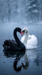 Elegant black and white swans create a striking contrast on calm waters, symbolizing harmony, balance, and beauty. Perfect for wildlife, romance, and artistic concepts. © UQink