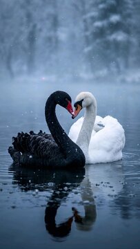 Elegant black and white swans create a striking contrast on calm waters, symbolizing harmony, balance, and beauty. Perfect for wildlife, romance, and artistic concepts.