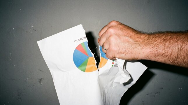 Hand tearing a printed sales report with a colorful pie chart on a gray wall background, illustrating frustration or dissatisfaction with business performance