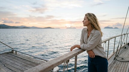 Fototapeta premium Young woman with long hair leans on wooden railing of a sailboat, gazing at the sunset over the calm ocean with distant islands visible on the horizon