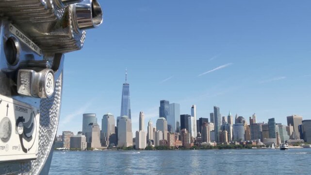 New York City Manhattan Downtown Financial District skyline, World Trade Center from New Jersey Liberty state park, United States. Hudson river waterfront cityscape, skyscraper buildings, tower viewer