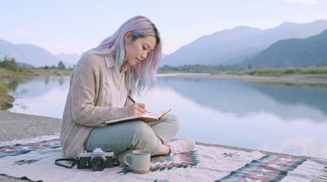 Young woman with colorful hair journaling by a serene lake with mountains in the background