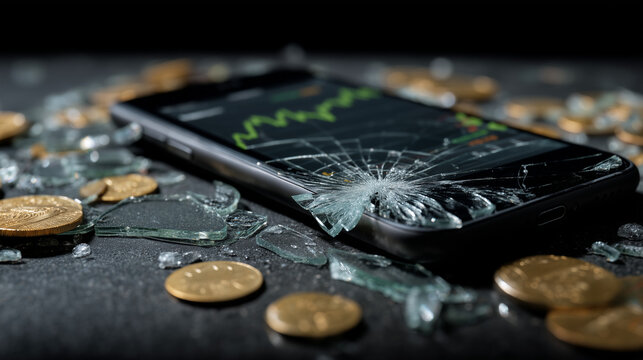 A cracked smartphone lying on a dark matte black surface, screen displaying a glowing green upward stock market chart. The shattered glass creates intricate crack patterns radiating across the display