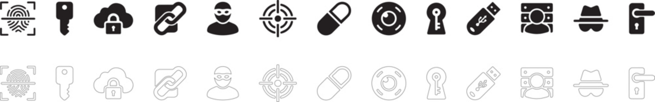 Cyber security icon set, data protection collection, cryptography symbol and digital forensics blueprint.