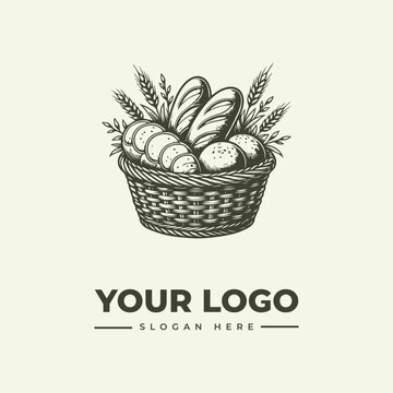 Vintage hand drawn illustration of a wicker basket filled with fresh bread and wheat stalks.