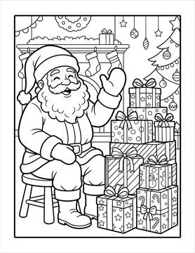 Santa claus sitting on wooden stool near large pile of christmas gifts in interior.