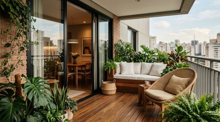 Obraz premium Beautifully Decorated Balcony with Lush Greenery and Comfortable Seating.