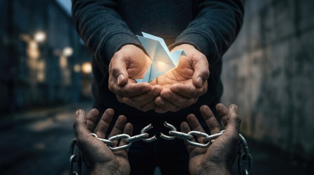Human hands showing luminous origami bird, demonstrating global freedom, representing World Day Against Trafficking in Persons, featuring broken metal chain, symbolizing liberation from exploitation.