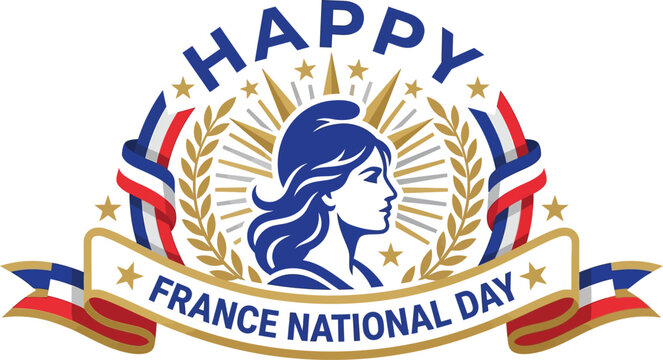 Happy France national day emblem with marianne and laurel wreath