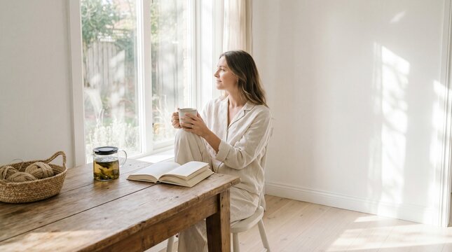 Woman in Robe Enjoying Coffee and Book by Sunlit Window.