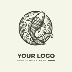 Naklejka premium Vintage style koi fish logo design with circular wave elements for branding.