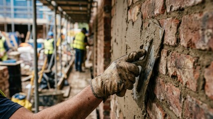 Obraz premium Construction worker applying mortar to brick wall with trowel on building site.