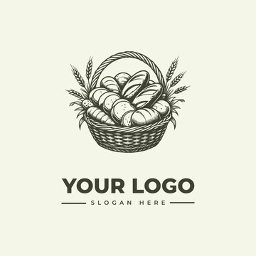 Vintage hand drawn illustration of a wicker basket filled with fresh bread and wheat ears.