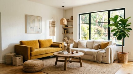Fototapeta premium Cozy Living Room with Mustard Yellow and Cream Sofas and Natural Wood Accents.