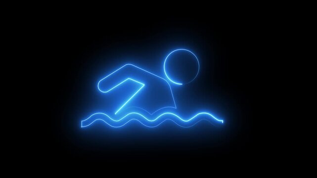 Glowing neon swimming animation, blue light line sign for sports and recreation on black background .4k video motion graphic ,animation .