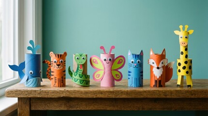 Fototapeta premium Cute Handmade Toilet Paper Roll Animals and Insects Collection.