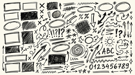Hand drawn doodle set including arrow shapes scribble frames numbers and various signs for office note task. © Emongrapic