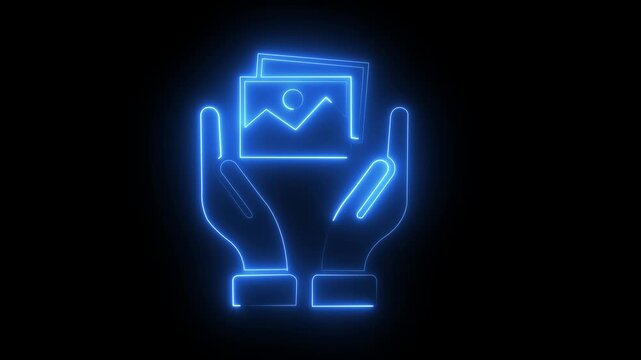 Neon glowing hands holding animation for digital media and creative projects on black background .4k video motion graphic animation .