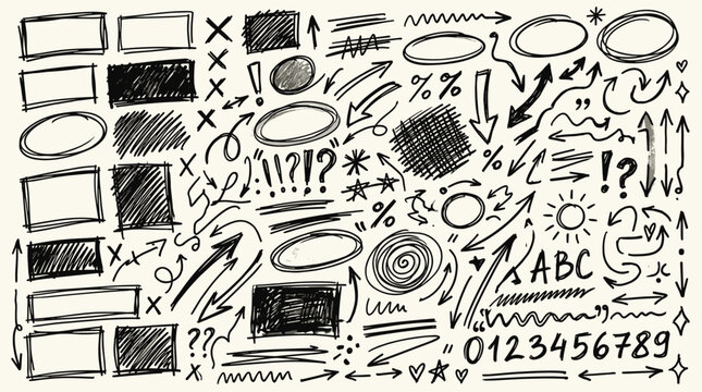 Hand drawn doodle set including arrow shapes scribble frames numbers and various signs for office note task.