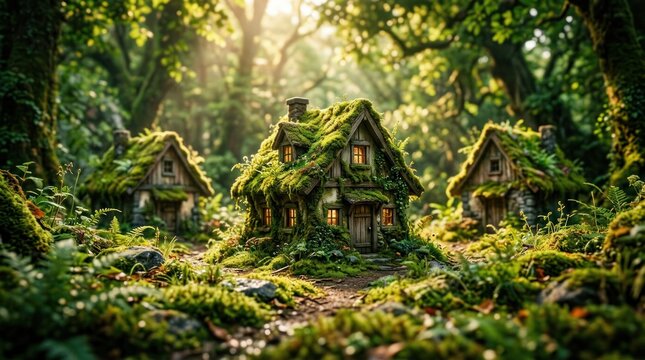 Enchanting Forest Village With Moss Covered Cottages Bathed In Sunlight.