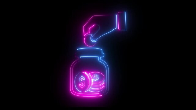 Neon financial savings animation: hand dropping dollar coin into glass jar for investment and wealth growth on black background .4k video 