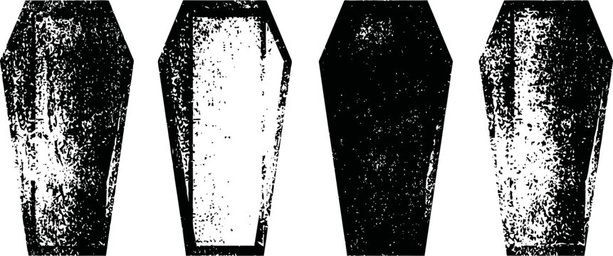four vintage black and white coffin silhouettes with distressed textures isolated on white