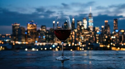 Obraz premium Glass of Red Wine Overlooking City Skyline at Dusk.