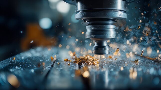 Industrial milling or drilling machine performing precision machining on a metal workpiece with  metal shavings (swarf) are actively curling away from the drill bit. 