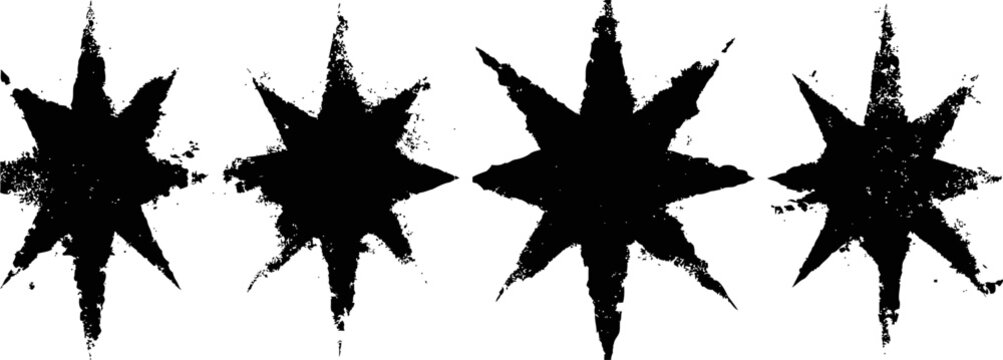 Four black distress star shapes with eight points on white background design elements