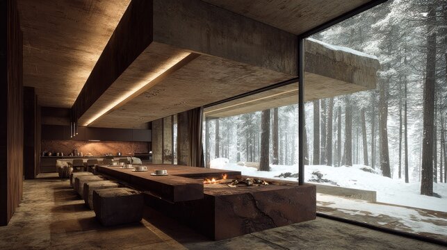 Contemporary interior space features raw materials juxtaposed with a dense, snow-covered forest vista