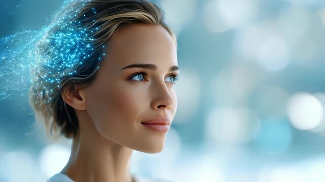 A confident woman gazes forward as glowing neural connections merge with her, representing AI, innovation, and human potential. The blue bokeh background adds a sense of modernity and inspiration
