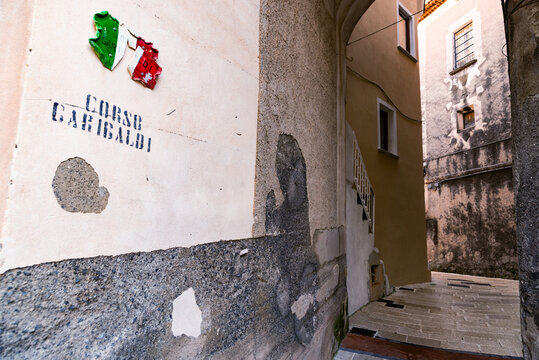 Tortora village houses on cliff edge. Old town of Tortora, Italy,