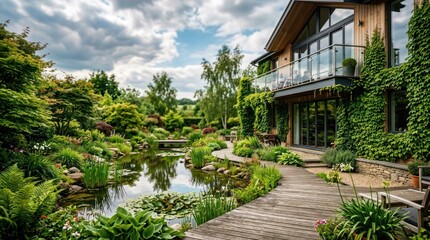 Obraz premium Luxurious Modern Home With Lush Japanese Garden And Serene Pond.