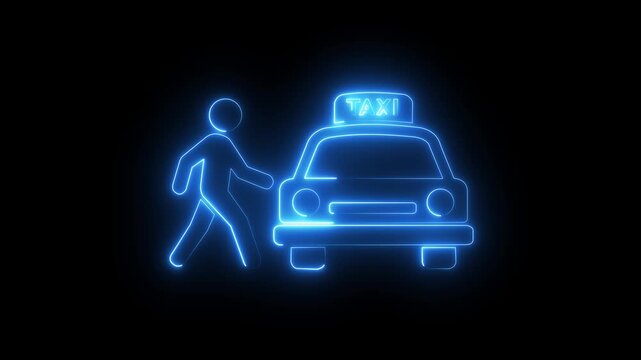 Glowing neon taxi and pedestrian sign animation for urban transportation and city life concepts .4k video animation 