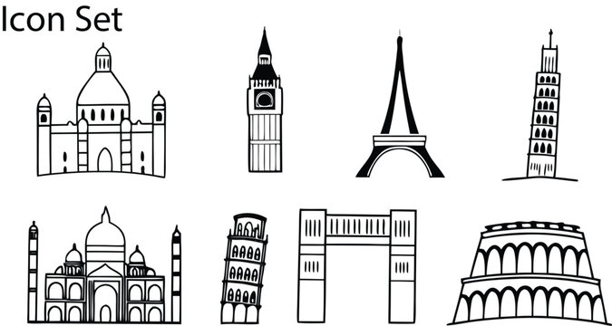 Set of black and white line depicting famous landmarks, including the eiffel tower, big ben, taj mahal, and leaning tower of pisa