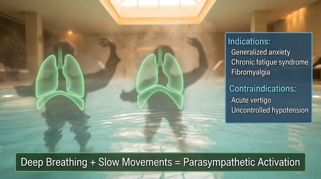 People practicing deep breathing exercises in a swimming pool for relaxation and wellness with green lungs illustration