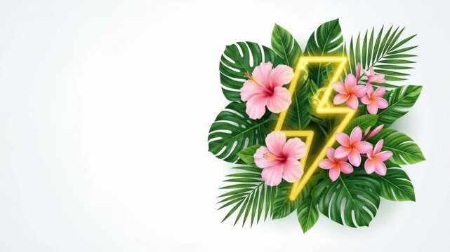 Neon yellow lightning bolt integrated with pink hibiscus flowers and green tropical leaves. Summer beach theme illustration for exotic design and vacation concepts