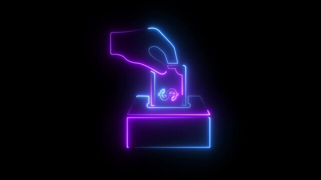 Neon glowing hand inserting dollar bill into donation box animation on black background  4k video motion graphic animation ,