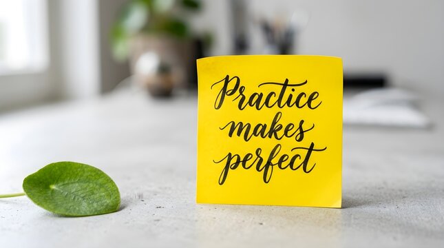 Practice Makes Perfect Inspiring Reminder on a Yellow Sticky Note on a Desk