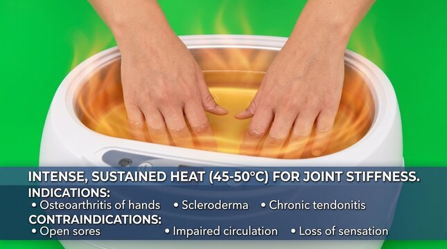 Hands in a white paraffin wax bath for heat therapy on green background