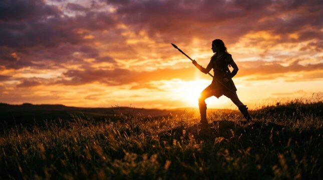 Silhouette of a Warrior Woman with Spear at Sunset.