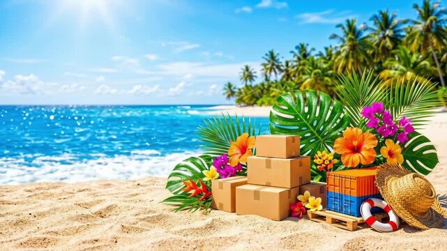 Cardboard boxes and blue container stacked on tropical beach with hibiscus flowers palm leaves and straw hat. Summer vacation delivery concept. Logistics in paradise and exotic shipping theme