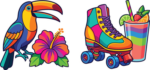 Obraz premium Colorful summer stickers set with toucan hibiscus flower and roller-skateColorful summer stickers set with toucan hibiscus flower and roller-skate
